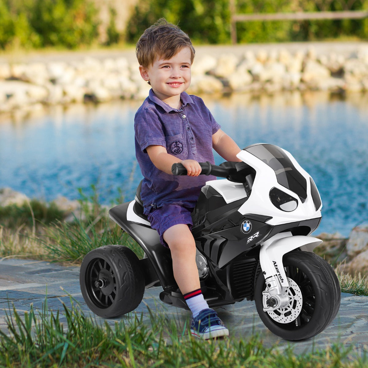 Black electric motorcycle toy for kids with lights, ideal for imaginative indoor play.