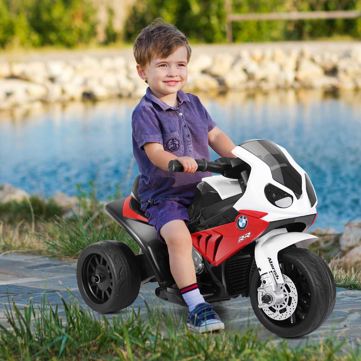 Red Kids Electric Motorcycle with Training Wheels for safe and fun home play.