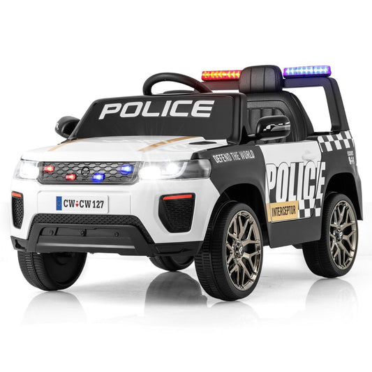 Electric police ride-on car for kids features remote control, flashing lights, and realistic siren sounds