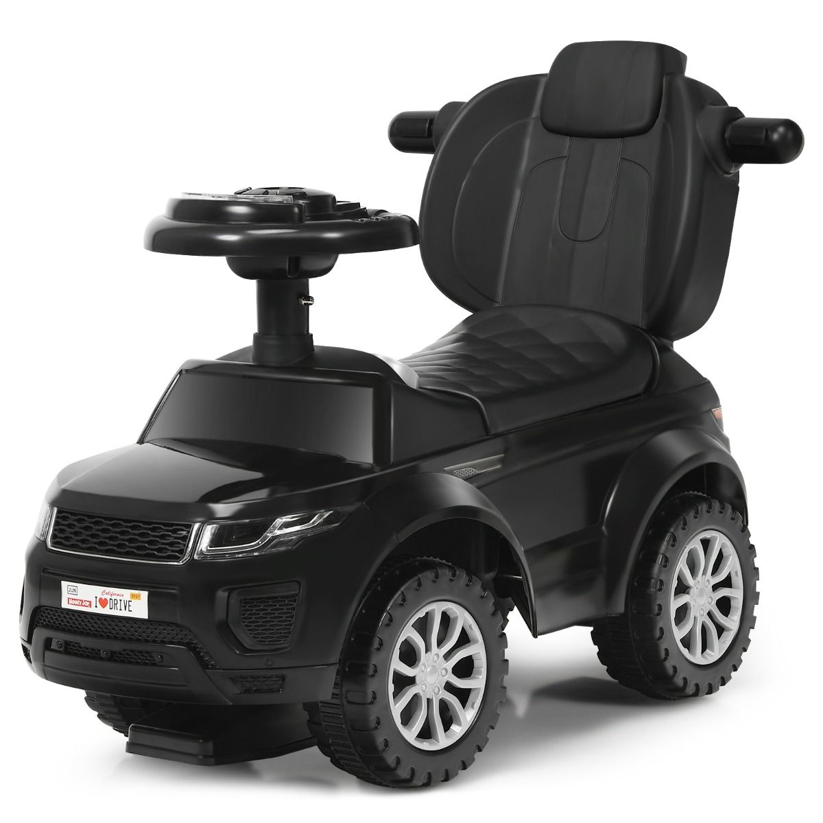 Black 3-in-1 kids ride-on push car with music and lights, perfect for indoor fun.