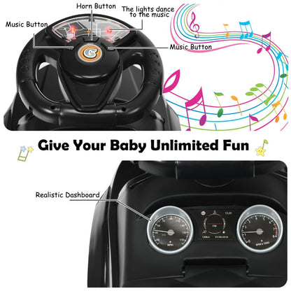 Black 3-in-1 Kids Ride-On Push Car with Music & Lights for indoor/outdoor fun.