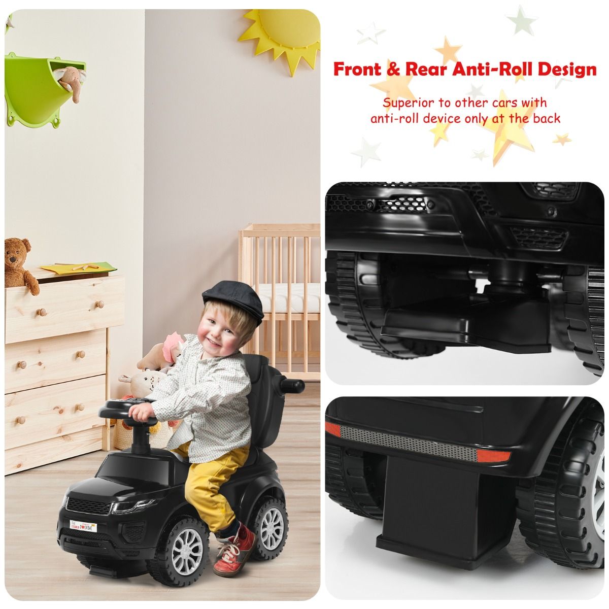 Black kids ride-on car with music and lights, perfect for indoor play at home.