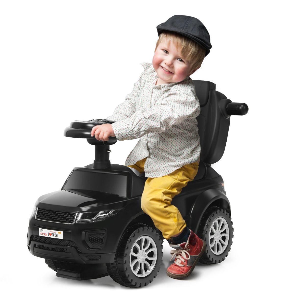 Black 3-in-1 Kids Ride-On Push Car featuring Music & Lights for endless indoor fun.