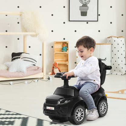 Black 3-in-1 kids ride-on push car with music, lights - interactive play at home.