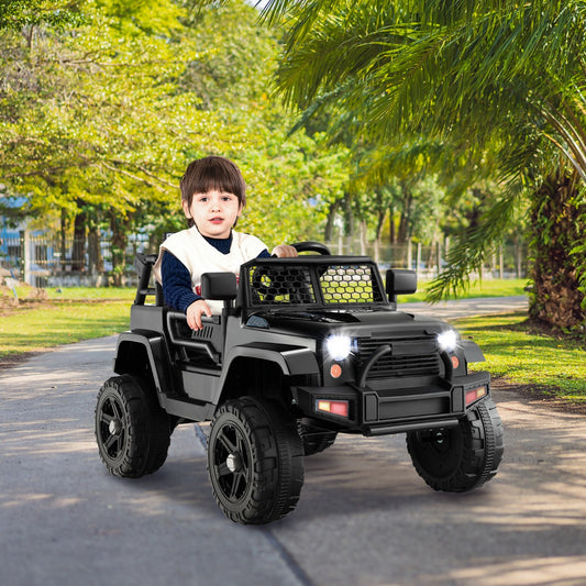 Black 12V Kids Ride-On Truck w/ Remote Control. Fun, safe play vehicle for home.