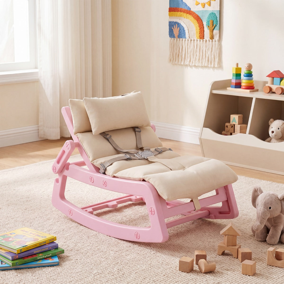 Costway Kids Rocking Chair with Adjustable Backrest & Washable Cushion for 6+ Months-Pink