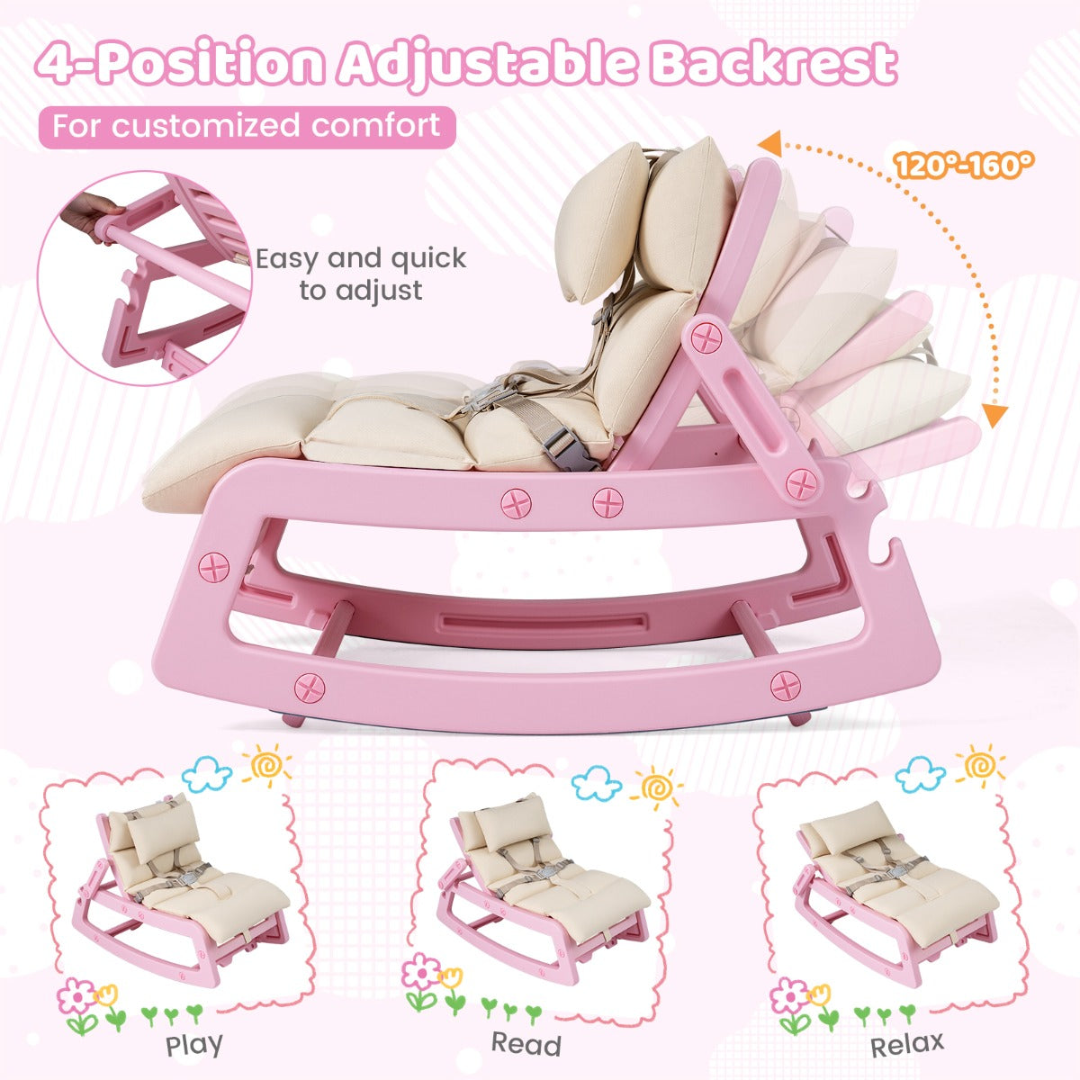 Pink Kids Rocking Chair | Adjustable Backrest & Washable Cushion