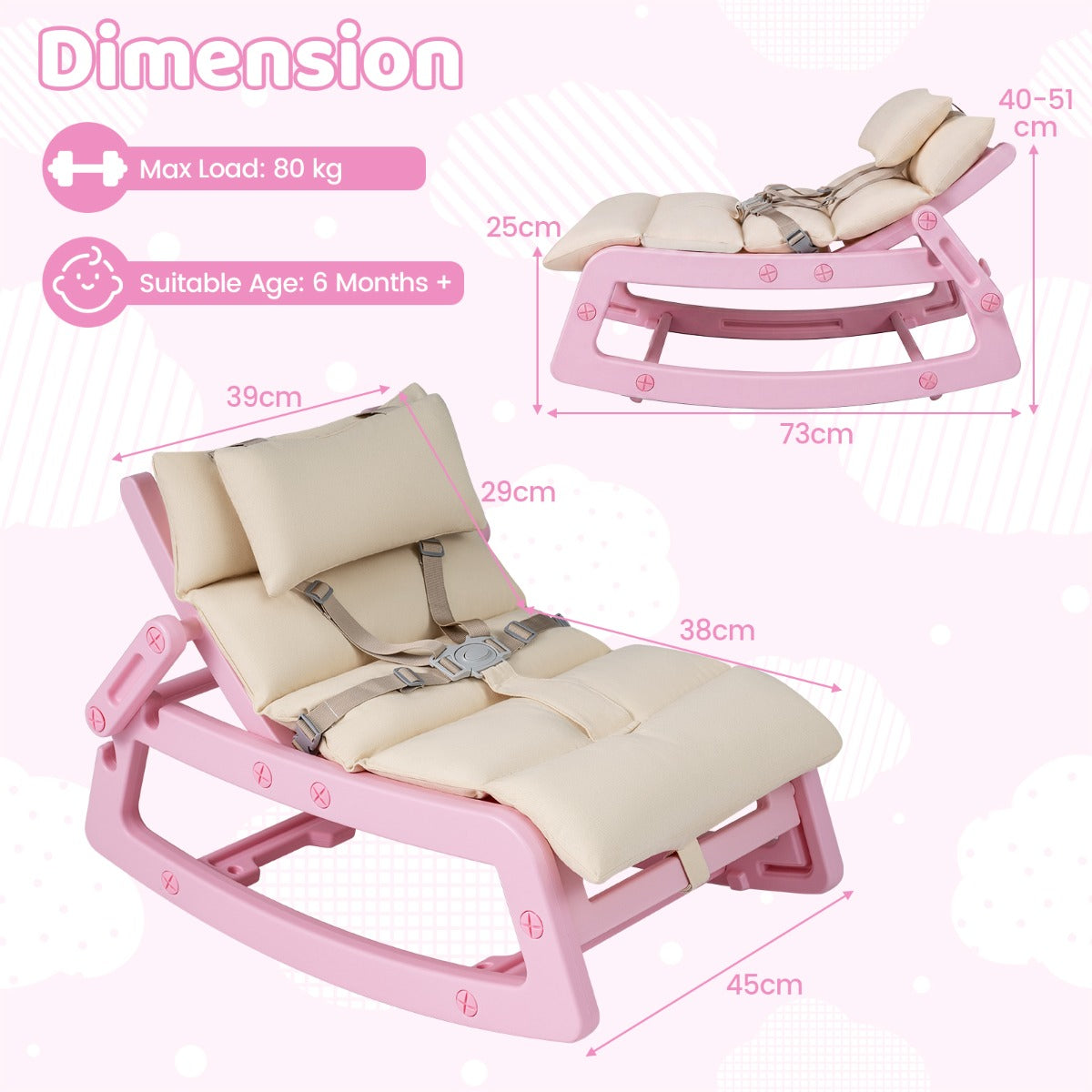 Pink Kids Rocking Chair | Adjustable Backrest & Washable Cushion