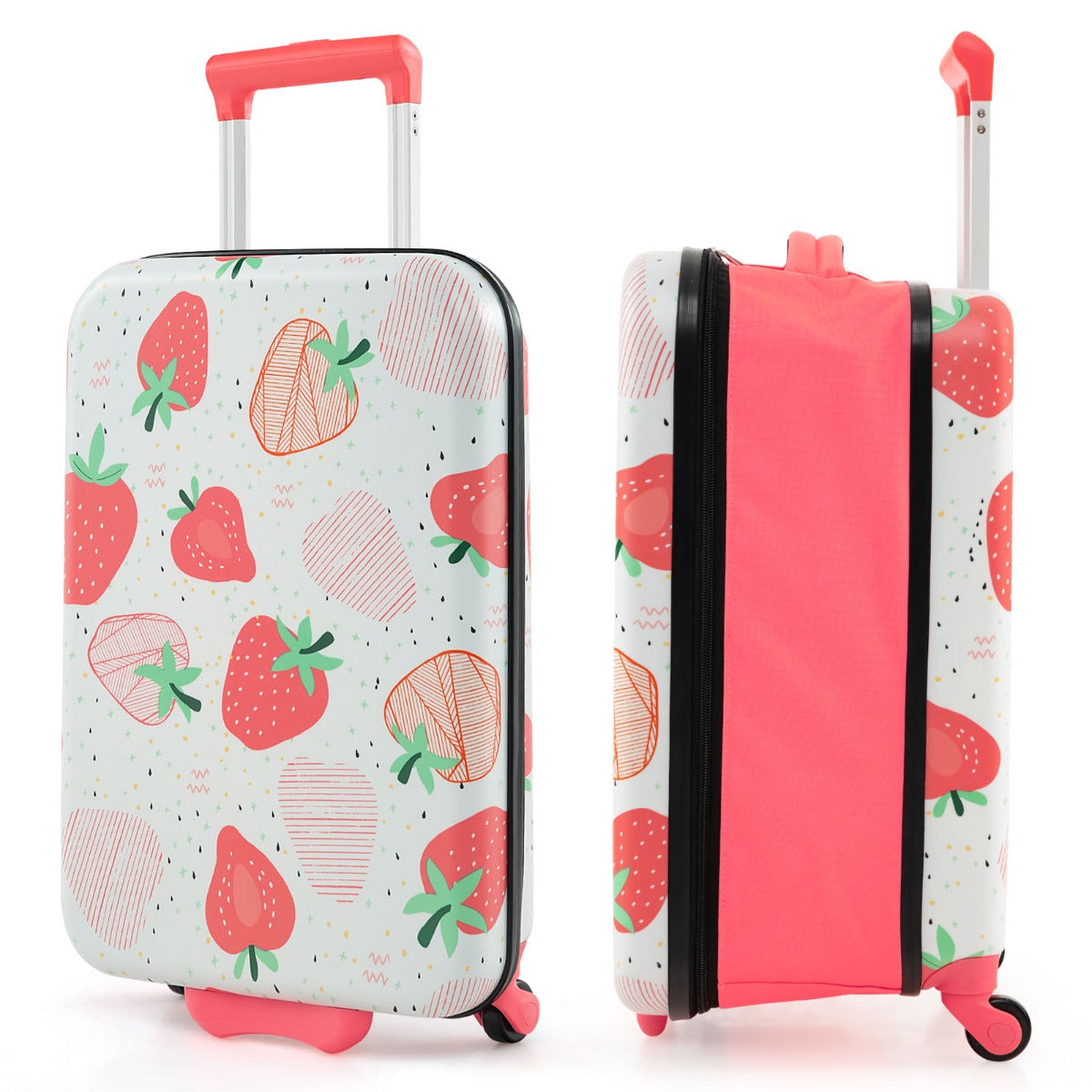 Kids 20-inch pink dinosaur carry-on suitcase with wheels, ideal for easy travel.