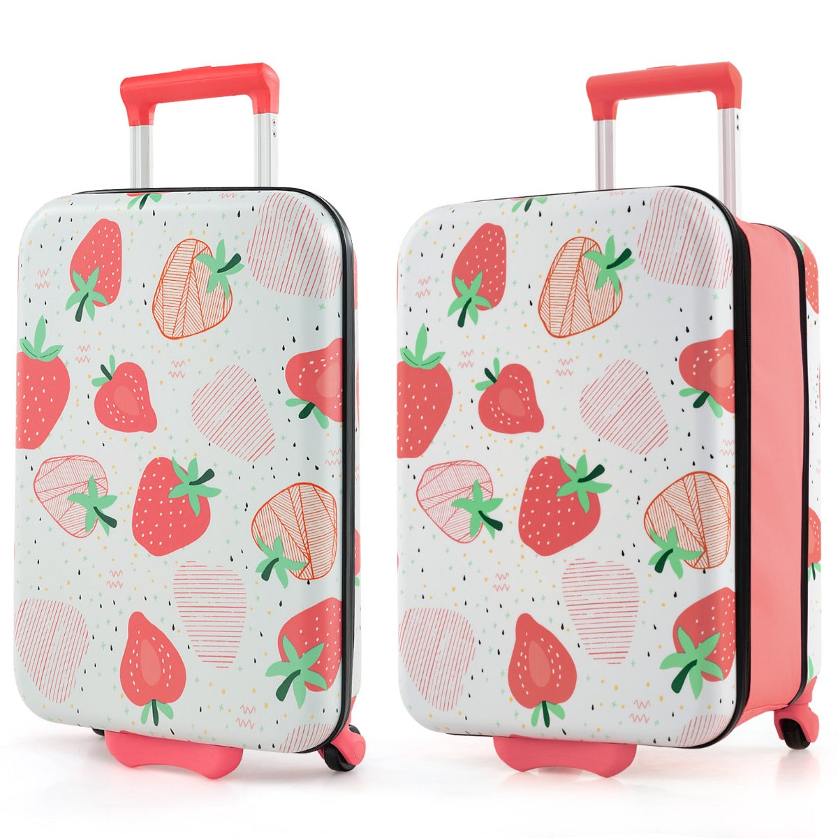 Foldable 20 kids hardshell carry-on in pink with fun dinosaur design and wheels.