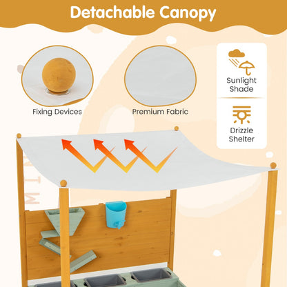 Kids sandbox with canopy and sand wall for outdoor play, perfect for backyard fun.