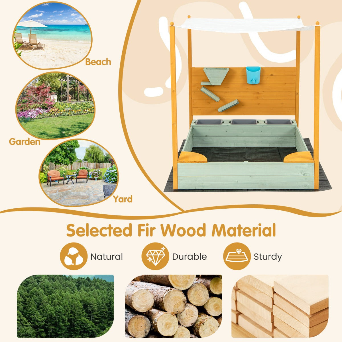 Childrens wooden sandbox with canopy and sand wall for backyard playtime and fun.