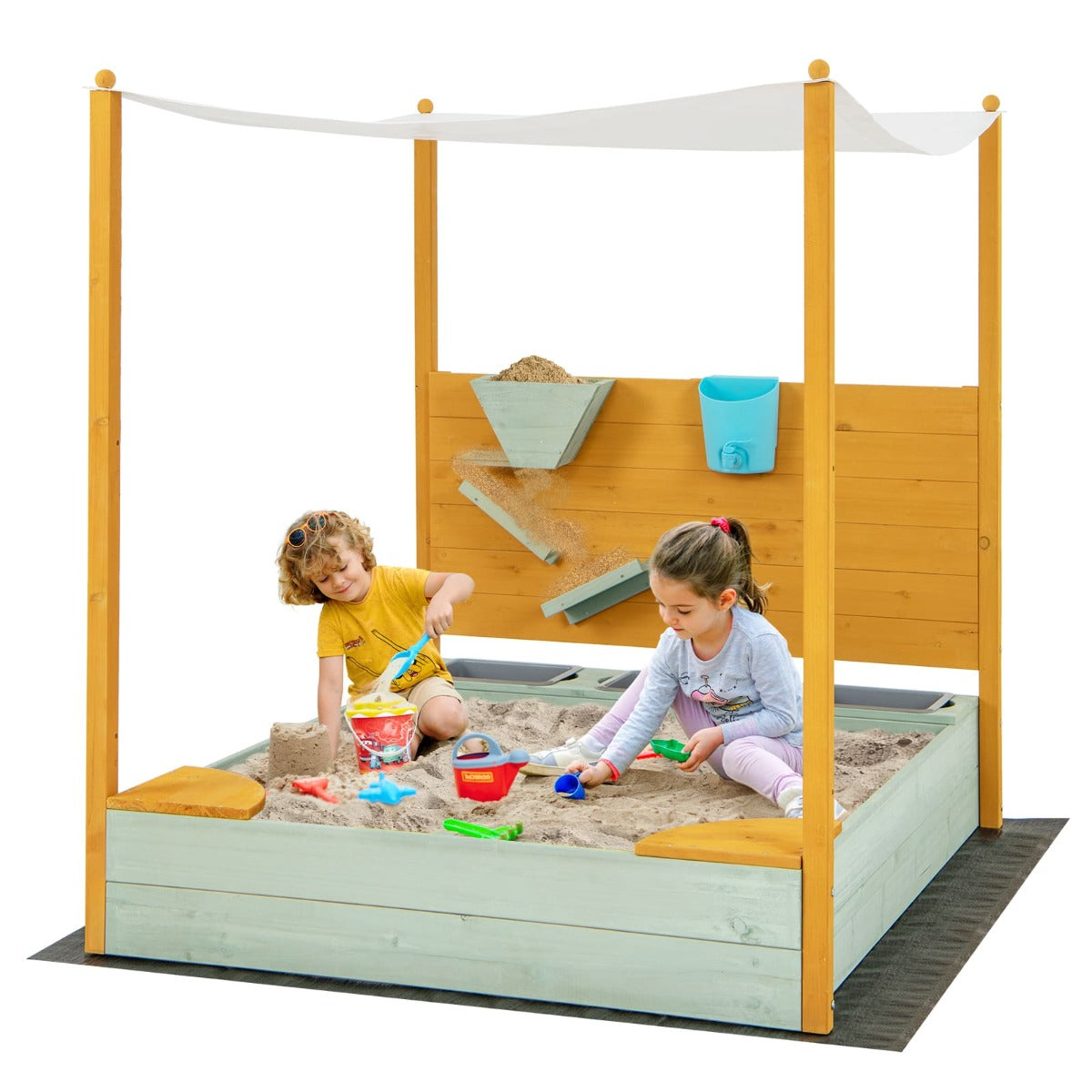 Kids outdoor wooden sandbox with canopy and sand wall, perfect for backyard fun.
