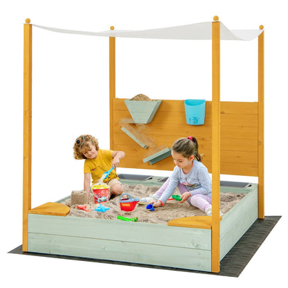 Kids outdoor wooden sandbox with canopy and sand wall, perfect for backyard fun.