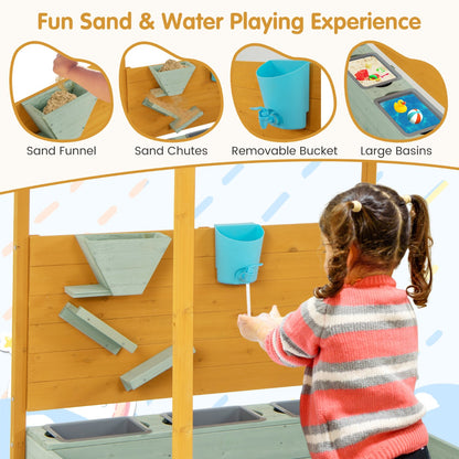 Kids wooden sandbox featuring canopy and sand wall for outdoor play at home.