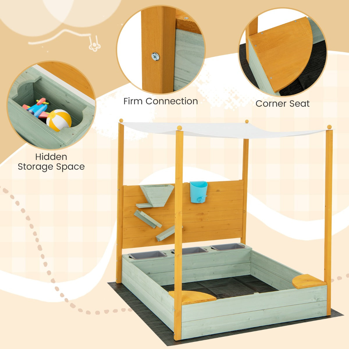 Kids outdoor sandbox with canopy and sand wall for imaginative play and sun protection.