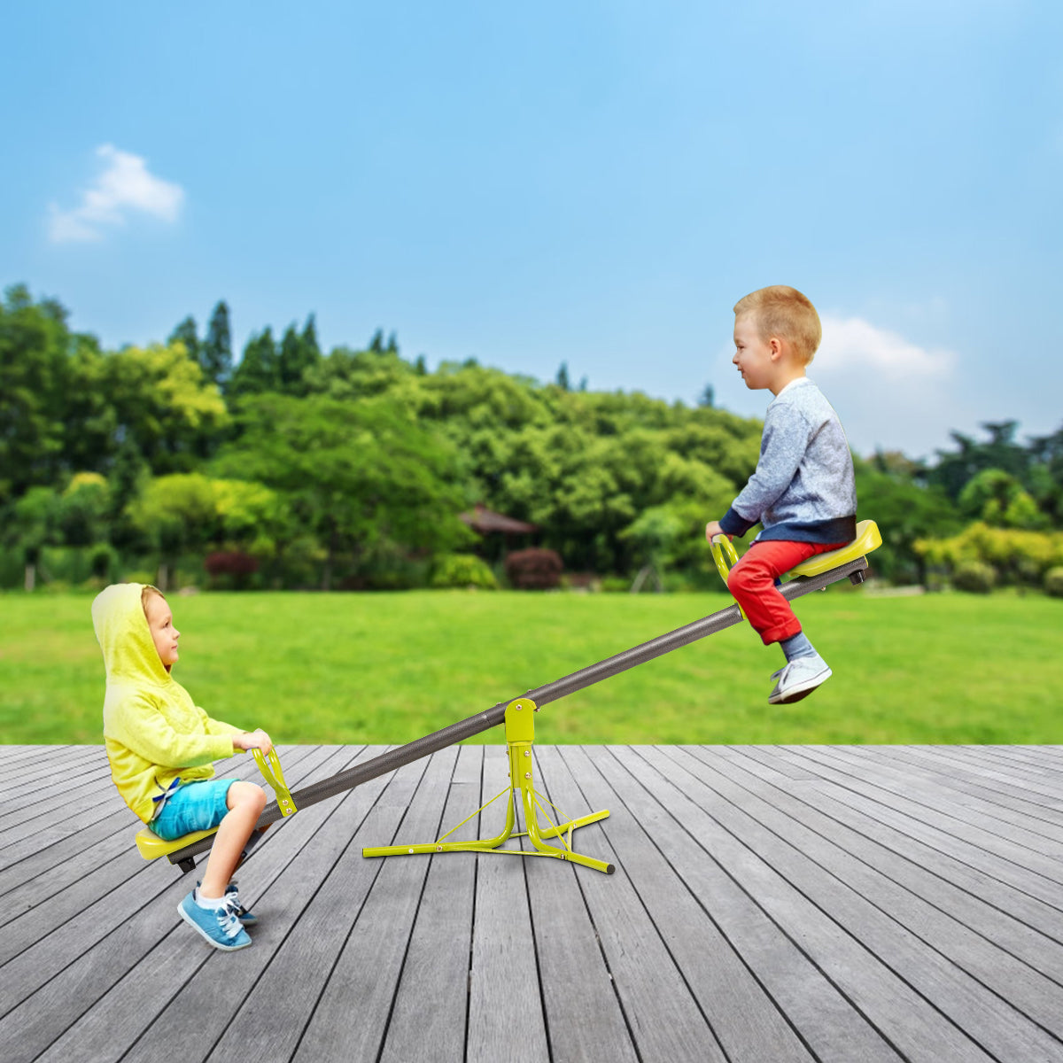 Kids outdoor teeter-totter with 360ï¿½ rotation for ages 3-7. Fun and interactive play set.