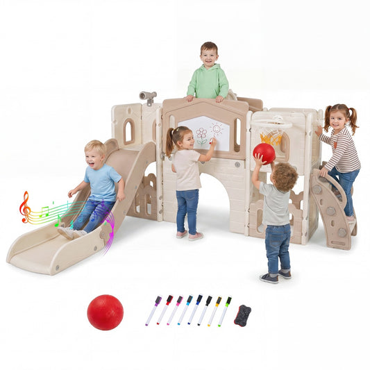 Costway Kids Slide Playset with Basketball Hoop and Music Box for Toddlers-Grey