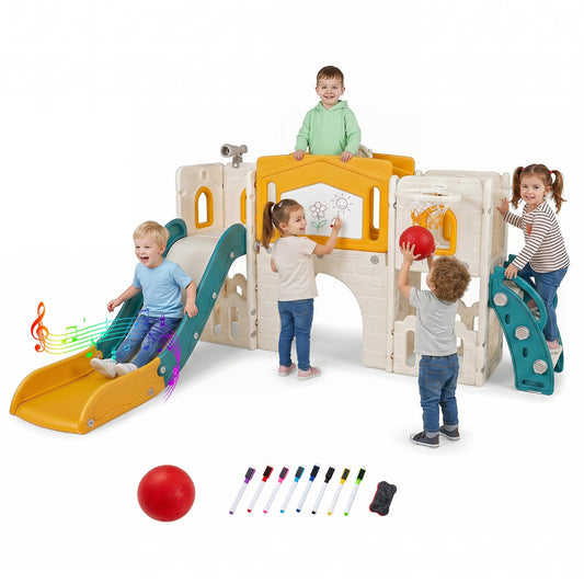 Costway Kids Slide Playset with Basketball Hoop and Music Box for Toddlers-Yellow