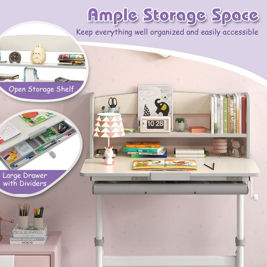 Kids study desk with adjustable height and storage, ideal for ages 3-12 at home.