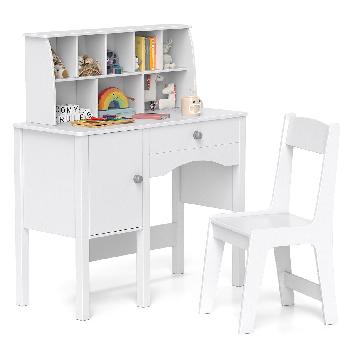 Costway Kids Study Desk and Chair Set Children Wooden Craft Hutch-White
