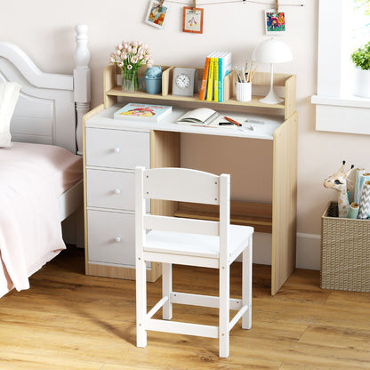 Kids Desk Chair Set Natural White | Hutch Storage Drawers