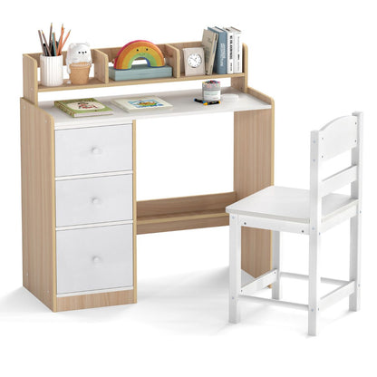 Kids Desk Chair Set Natural White | Hutch Storage Drawers