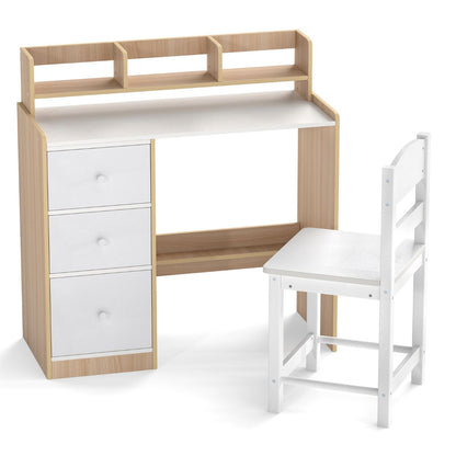 Kids Desk Chair Set Natural White | Hutch Storage Drawers