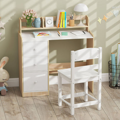 Kids Desk Chair Set Natural White | Hutch Storage Drawers