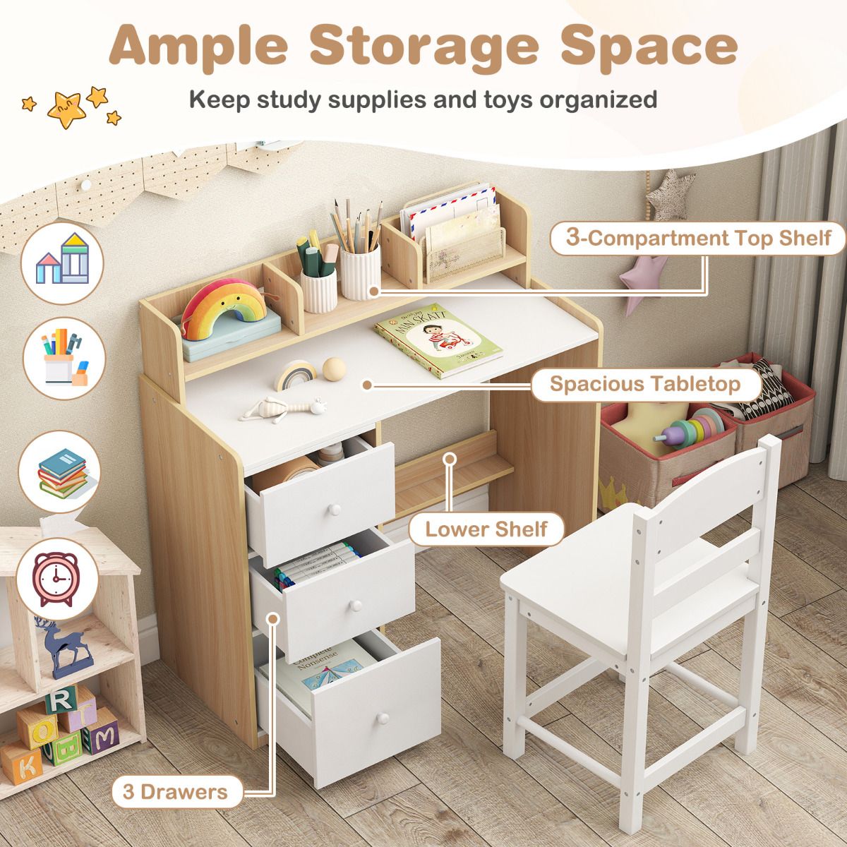 Kids Desk Chair Set Natural White | Hutch Storage Drawers
