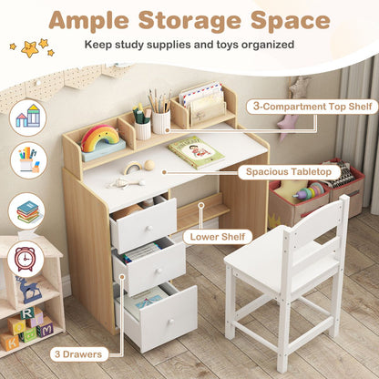 Kids Desk Chair Set Natural White | Hutch Storage Drawers
