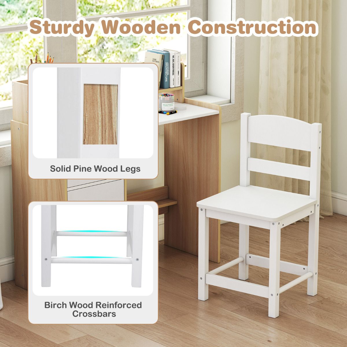 Kids Desk Chair Set Natural White | Hutch Storage Drawers
