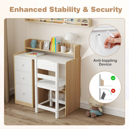 Kids Desk Chair Set Natural White | Hutch Storage Drawers