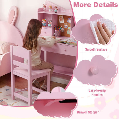 Pink Kids Study Desk Chair Set | Storage Shelves Cork Board