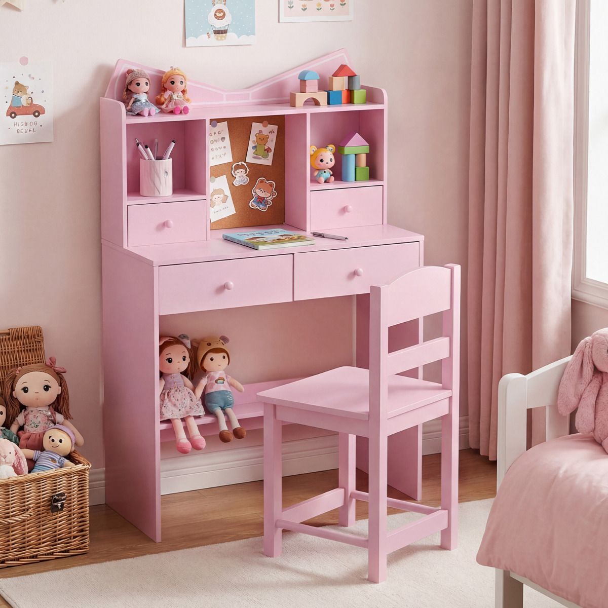 Pink Kids Study Desk Chair Set | Storage Shelves Cork Board