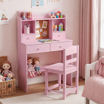 Pink Kids Study Desk Chair Set | Storage Shelves Cork Board