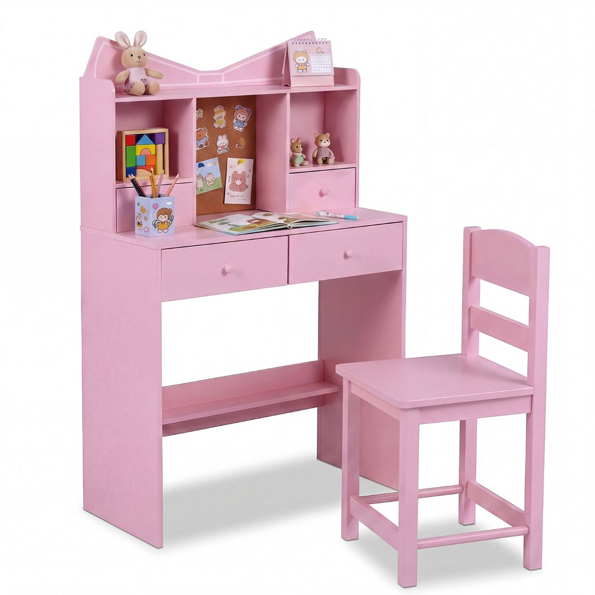 Pink Kids Study Desk Chair Set | Storage Shelves Cork Board