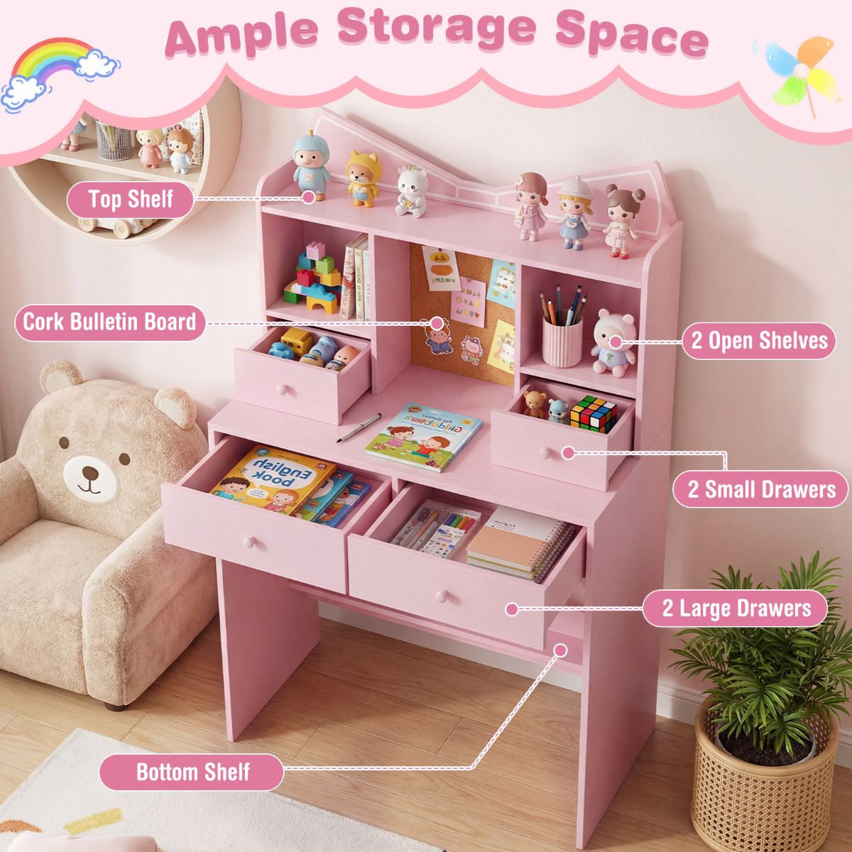 Pink Kids Study Desk Chair Set | Storage Shelves Cork Board