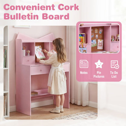 Pink Kids Study Desk Chair Set | Storage Shelves Cork Board