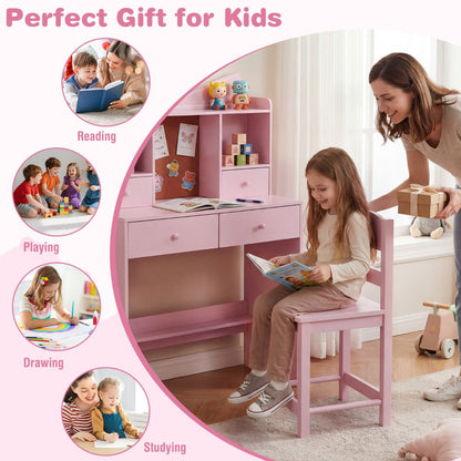 Pink Kids Study Desk Chair Set | Storage Shelves Cork Board