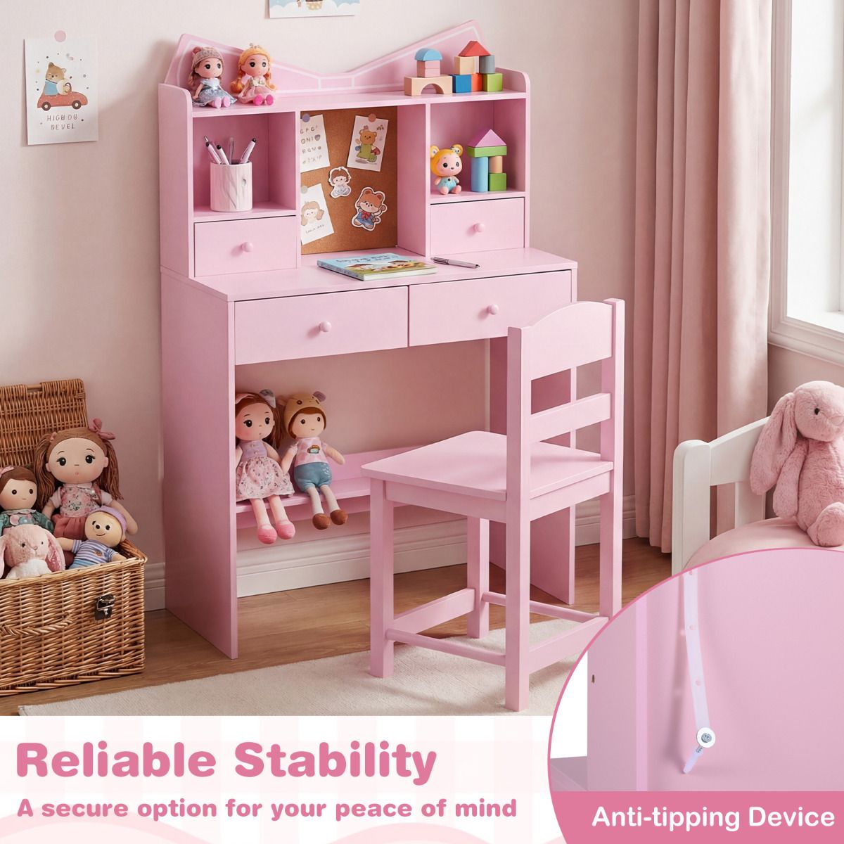Pink Kids Study Desk Chair Set | Storage Shelves Cork Board