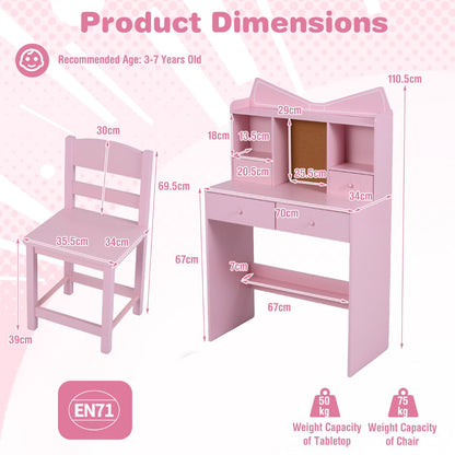 Pink Kids Study Desk Chair Set | Storage Shelves Cork Board