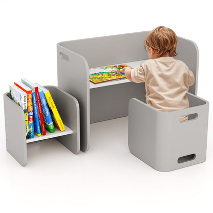 Childrens grey table and chair set with built-in storage shelves, crafted from durable birch wood for learning and play.