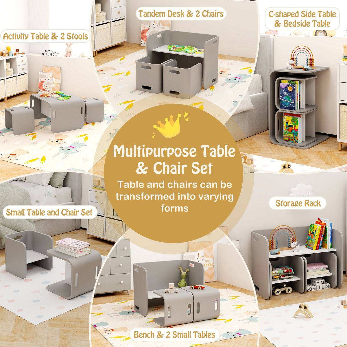 Childrens grey table and chair set with built-in storage shelves, crafted from durable birch wood for playtime and learning.