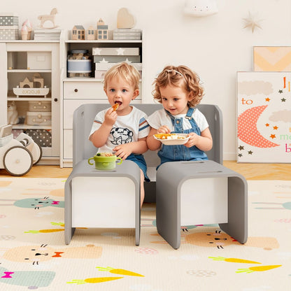 Stylish grey childrens table and chair set with built-in storage shelves, crafted from durable birch wood.