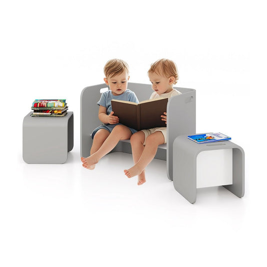 Grey childrens table and chair set with built-in storage shelves, crafted from durable birch wood for playrooms or bedrooms.