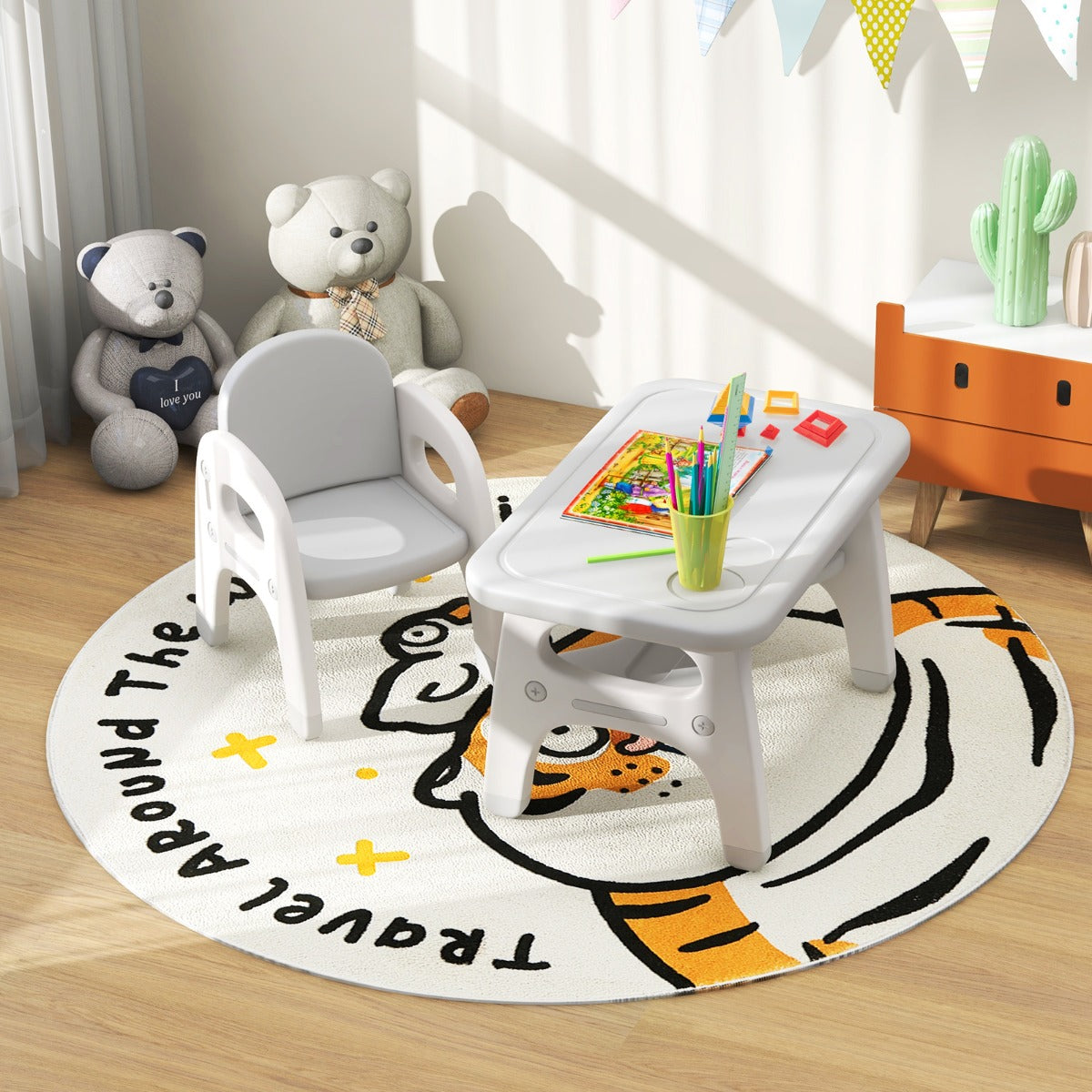 Costway Kids Table and Chair Set with Cute Dinosaur Modeling and Storage Rack-Grey