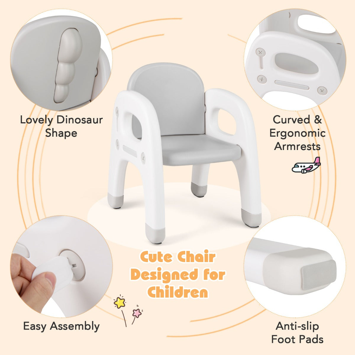 Kids Table and Chair Set | Grey Dinosaur Design with Storage