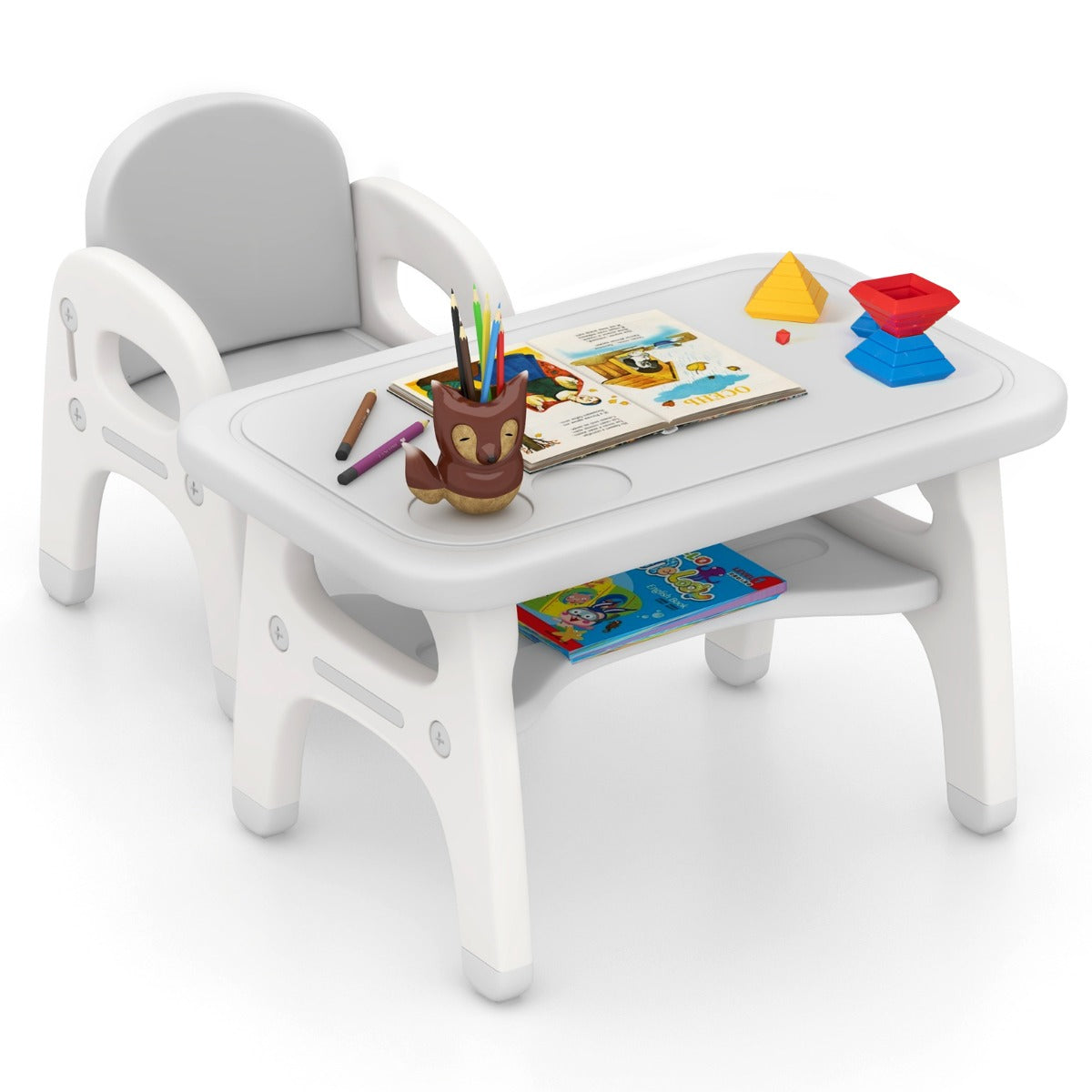 Kids Table and Chair Set | Grey Dinosaur Design with Storage