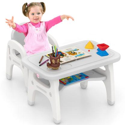 Kids Table and Chair Set | Grey Dinosaur Design with Storage